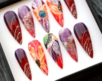 Handmade Lavender Marble Press On Nails: 3D Floral Glitter
