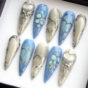 Metallic Silver Press On Nails: 3D Aurora Water Drop, Handpainted Winter Nails