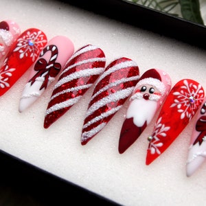 Christmas Santa 2023 Glue On Nails | Snow Pattern False Nails | Red Press On Nails | Fake Nails Christmas Gift K170