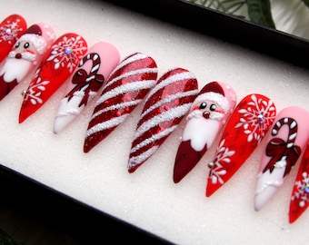 Christmas Press On Nails: Santa, Snowflakes, Candy Cane False Nails