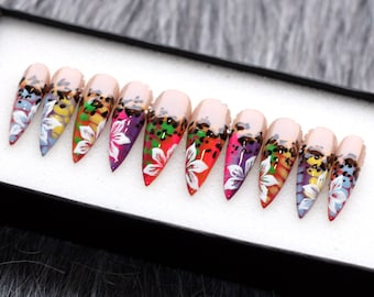 Handpainted Floral Press On Nails: Y2K Stiletto Fake Nails