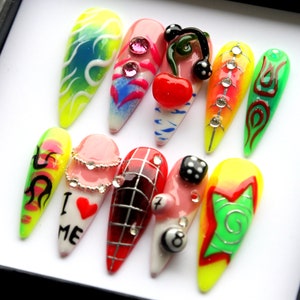 Love Myself Press On Nails | 3D Freestyle Finish Elegant Fake Nails | Y2K Green Trendy Nails | Elegant Festive Nails | Neon Nails K351