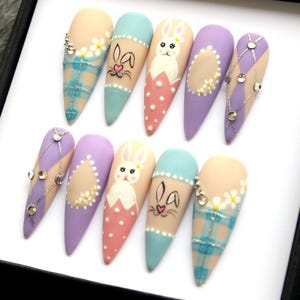 Easter Bunny Press On Nails: Pastel Spring Reusable Nail Set