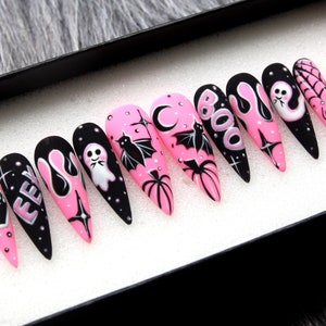 Midnight Magic Fake Nails Black Pink Halloween Special Press on Nails ...