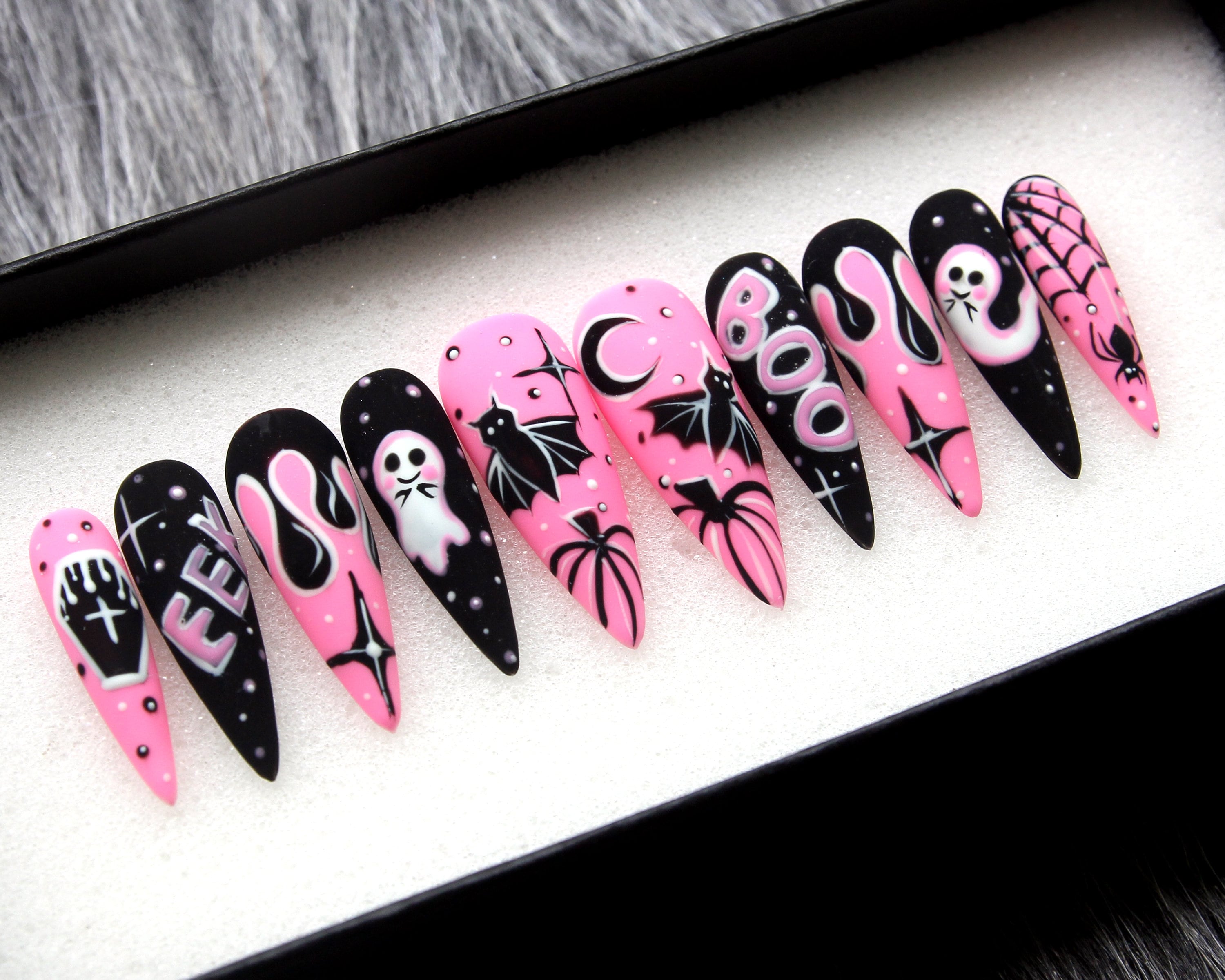 Midnight Magic Fake Nails | Black Pink Halloween Special Press On Nails Stiletto | Hand-made Glue On Nails | Luxury Fake Nails HA4
