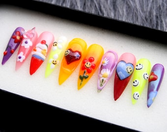 Y2K Stiletto Press On Nails: Spring Kawaii 3D Floral, Rainbow Hand Painted