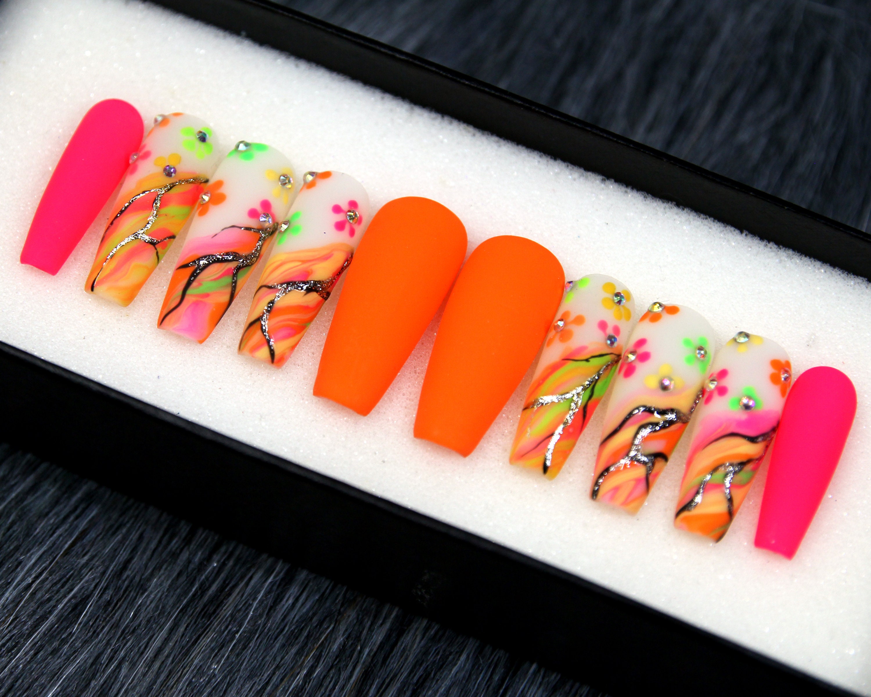Hot Orange Floral Press on Nails White Abstract Nails - Etsy