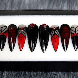 Spider Web Glue On Nails Hot Red Black Press On Nails Black Luxury Nails Halloween Coffin Nails K80 image 1