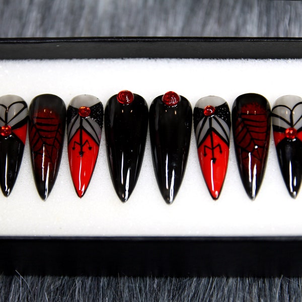 Spider Web Glue On Nails | Hot Red Black Press On Nails | Black Luxury Nails | Halloween Coffin Nails K80