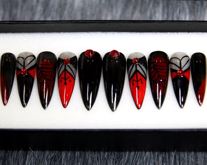 Spider Web Glue On Nails Hot Red Black Press On Nails Black Luxury Nails Halloween Coffin Nails K80 image 1
