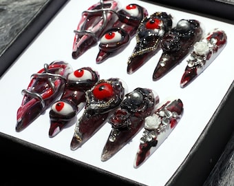 Gate of Hell Press On - Halloween Dark Color Nails, Red Black 3D Nails K496