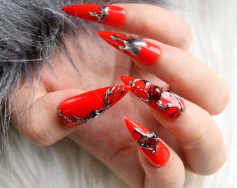 Handpainted 3D Goth Press On Nails: Red Glitter Stiletto