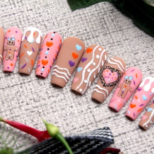 Gingerbread Christmas Press On Nails: Pink Brown Coffin Nails