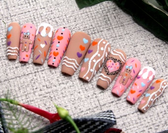 The Ginger Girl Press On Nails for Christmas | Pink Brown Press On Nails | Handprinted Nails | Fake Nails | False Coffin Nails K173