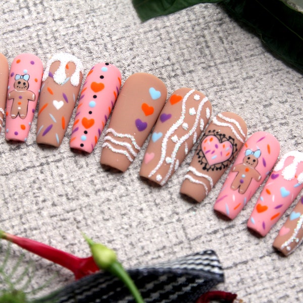 The Ginger Girl Press On Nails for Christmas | Pink Brown Press On Nails | Handprinted Nails | Fake Nails | False Coffin Nails K173