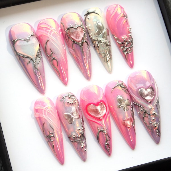 3D Aurora Chrome Pink Press On Nails: Long Stiletto Goth False Nails K436