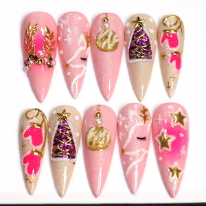 Pink Christmas Press On Nails: 3D Y2K Festive False Nails