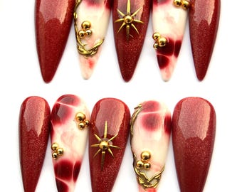 Glitter ruby Press On - Japanese Style Stiletto Gold Nails, Red Reusable Nails K529
