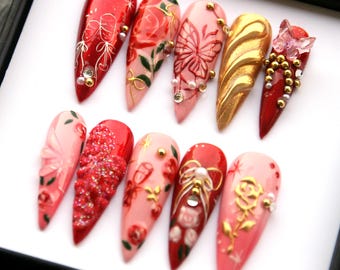 Handmade Red Metallic Press On Nails: 3D Bow Reusable False Nails
