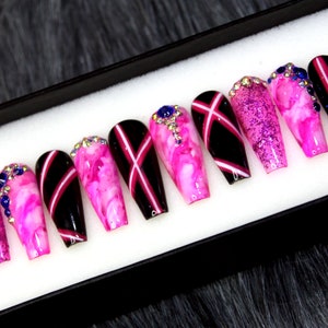 Hot Pink Purple Press On Nails | Black Abstract Nails | Festive Coffin Nails K58