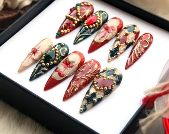 Christmas Night Glam Press On Nails - Stiletto Festive Xmas Bow Nail Set K532