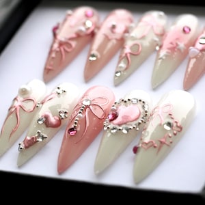 Handmade 3D Bridal Press On Nails: Coquette Stiletto False Nails