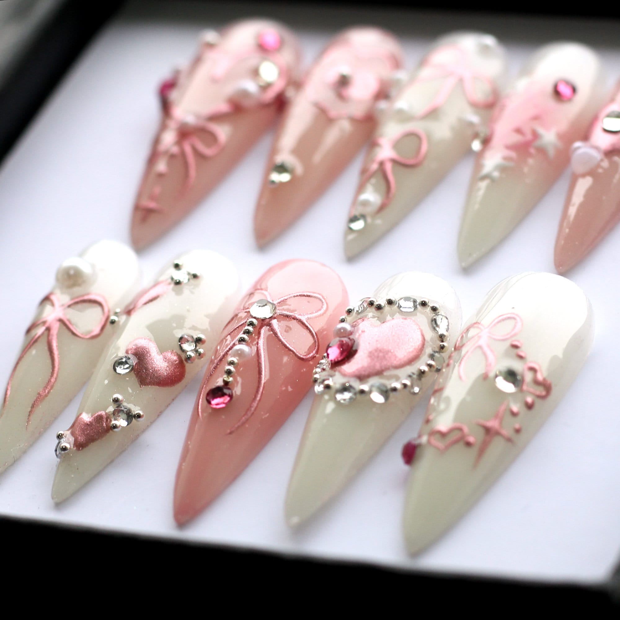 Handmade 3D Bridal Press On Nails: Coquette Stiletto False Nails