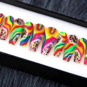Tie Dye Rainbow Glue On Nails - Abstract Press On Nails - Colorful Neon Rainbow Long Coffin Nails A266