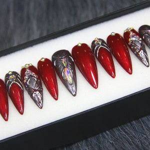 Scarlet Lover 2 Glue On Nails Stiletto | Deep Red Press On Nails | Customizable Fake Crystal Nails | Gift For Her DD67