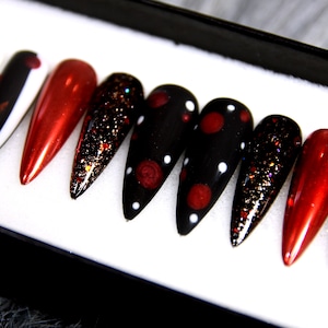 The Gala Glue On Nails | Valentine Black Red Press On Nails | Fancy Red Rose Fake Nails | Ruby False Stiletto Nails K27