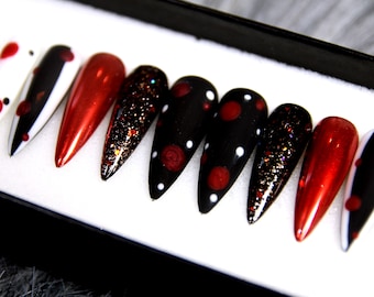 The Gala Glue On Nails | Valentine Black Red Press On Nails | Fancy Red Rose Fake Nails | Ruby False Stiletto Nails K27