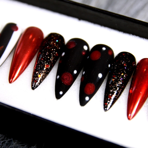 The Gala Glue On Nails | Valentine Black Red Press On Nails | Fancy Red Rose Fake Nails | Ruby False Stiletto Nails K27