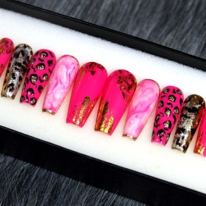 Mix Neon Pink Fake Nails Coffin | Long Stiletto Press On Nails | Maid Of Honor False Nails | Fake Nails Gift Set A92