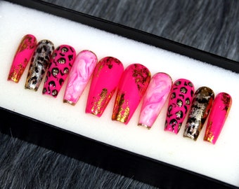 Mix Neon Pink Fake Nails Coffin | Long Stiletto Press On Nails | Maid Of Honor False Nails | Fake Nails Gift Set A92