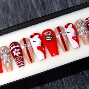 Red Nose Reindeer Press On Nails Christmas Gift Glue On Nails Knit Sweater False Nails Fake Nails K92 image 4