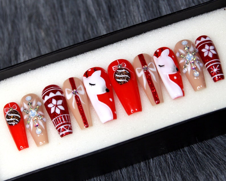 Red Nose Reindeer Press On Nails Christmas Gift Glue On Nails Knit Sweater False Nails Fake Nails K92 image 4