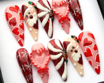 Christmas Press On Nails: Festive Santa, Candy Cane, Hearts - Gel Nail Set K516
