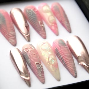 Morning Dew Press On Nails | Gentle Pink Fake Nail Set | Long Stiletto Mirror Cotaed Glue On Nails | Y2K Trendy Spring Fake Nails K414