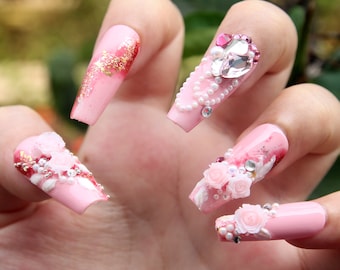 Blooming 3D Flowers Press On Nails | Spring Nails Set | Elegant 3D Pink Nails | Y2K Style Coquette Nails | False Nails K246