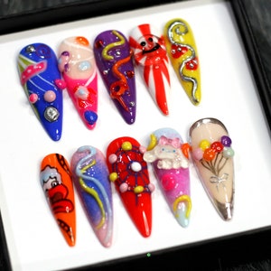 3D Cartoon Stiletto Press On Nails: Y2K Festive Nail Set