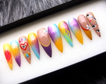 Y2K Hand-Painted Press On Nails: Rainbow Ombre Stiletto Set