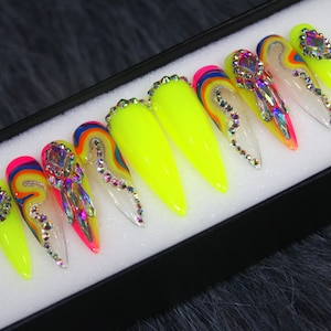 XXL Stiletto Neon Festive Glue On Nails Coffin | Bridal Press On Nails | Party Hand Painted Nail Set | Fake Nails | False Nails K101