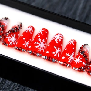 Christmas Sweater Bling Glue On Nails | Snow Pattern False Nails | Red Press On Nails | Fake Nails Christmas Gift K91