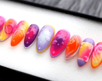 Hot Summer Color Trend Press On Nails | Y2K Short Nails | 3D Oval Nail Set | Elegant Trendy Flower Style Oval Nails K269