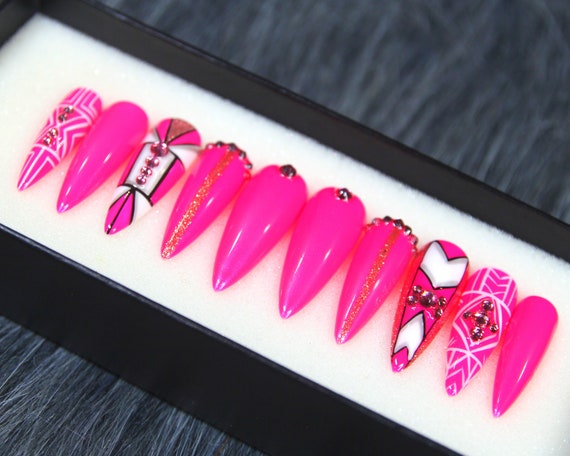 Pink Geometric Press On Nails: Neon Golden Accent, Hand Painted
