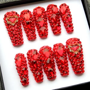 Burgundy Icy Clusters Red Press On Nails | Valentine&#39;s Day Glue On Nails | Trendy Festive Nails | Glitter Fake Nails K401