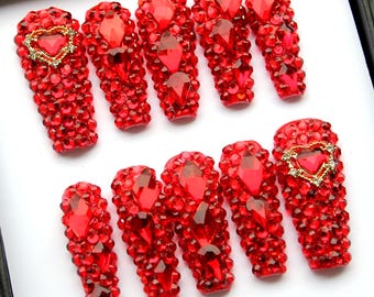 Burgundy Icy Cluster Press On Nails: Valentine's Day Red Glitter Fake Nails