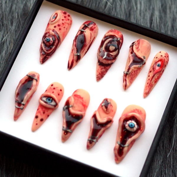 Bloody Eyes 3D Press On Nails: Halloween Stiletto Fake Nails