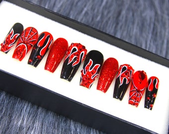 Red Flames Fake Nails Glossy | Red Black Press On Nails Coffin | Glue On Nails | Handmade Fire Pattern 3D Nails K102