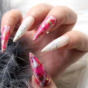 Pink Glitter Luxury Press On Nails | Custom Long Stiletto Fake Nail | Valentine Nails | Press On Nails Long | Handpainted Luxury Nail K193